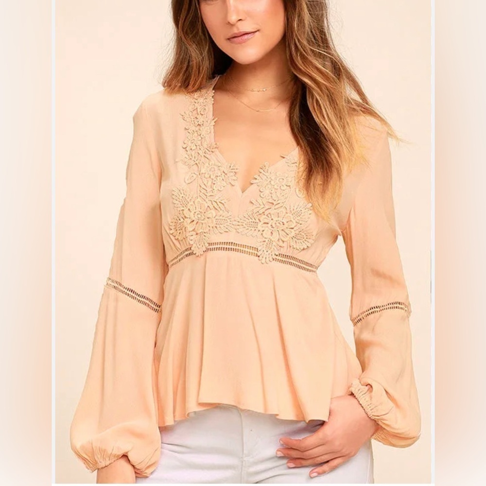 Lulus Free to Frolic Peach Lace Long Sleeve Top